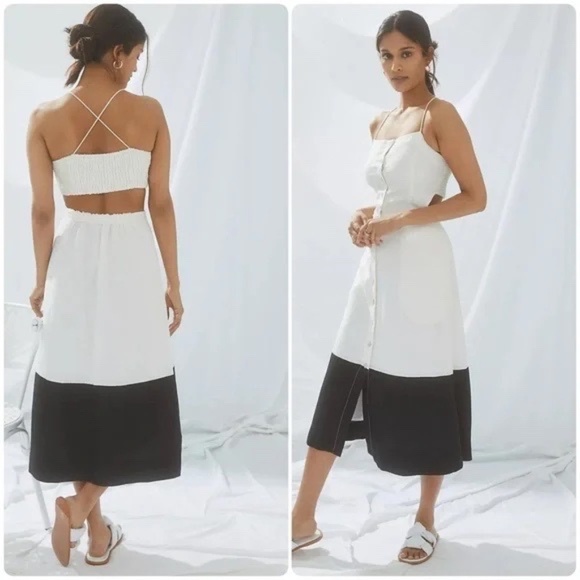 Maeve Anthropologie Linen Colorblock Contrast Smocked Open Back Midi Dress M - Picture 1 of 15